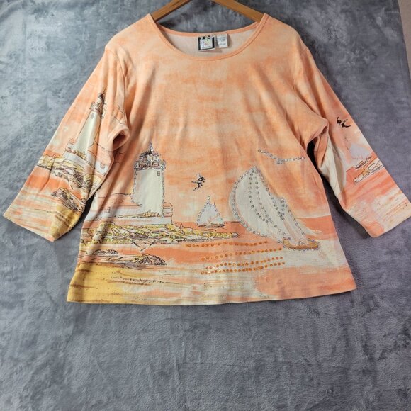 Take Two Women Top L Orange Lighthouse Sailboat‎ Graphic Coastal Nautical Vibe - Picture 1 of 7